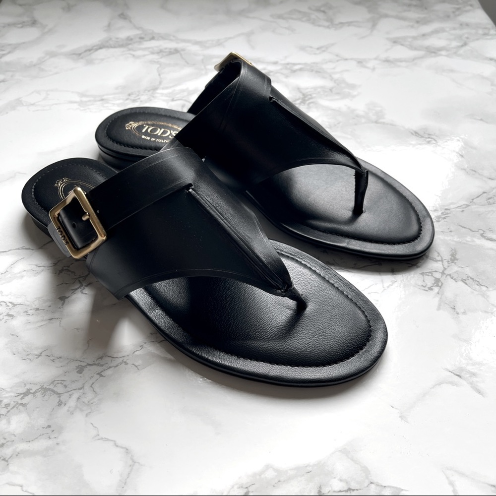 Tod’s black side buckle flat sandals size 36 NWT